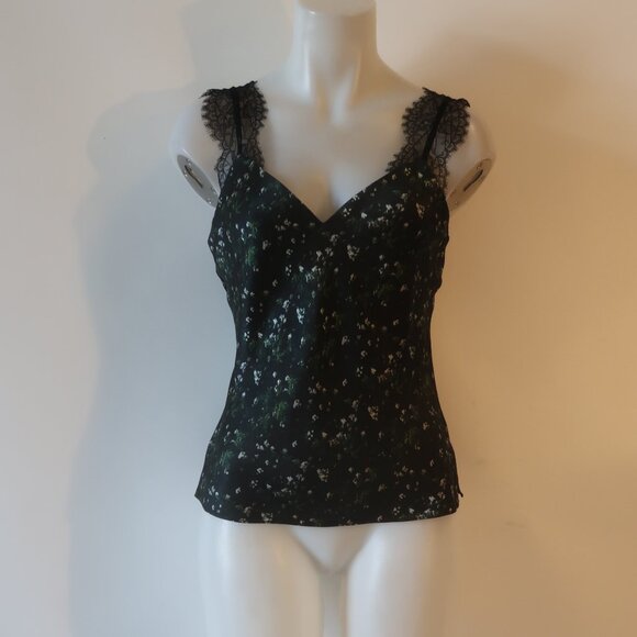 Womens Cami NYC 100% Silk Black, Blue Floral V-Neck Tank W/Lace Straps M* - Picture 1 of 6